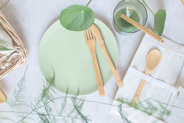 A plate with eco friendly bamboo cutlery