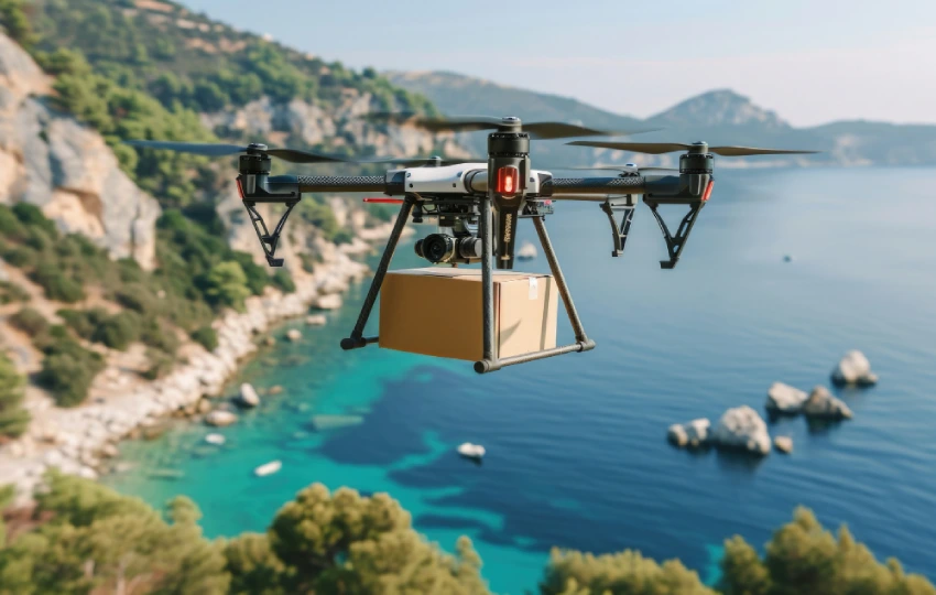 A drone carries a brown box to deliver to its final recipient flying over the coast.